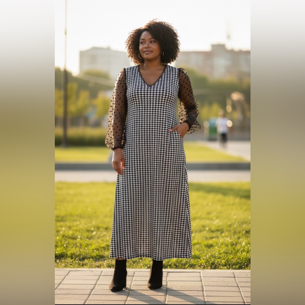 SHEIN Monochrome Houndstooth Dress with Sheer Sleeves 4XL